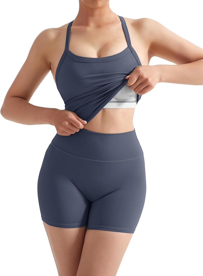 SUUKSESS Women 2 Piece Workout Sets High Waisted Tummy Control Biker Shorts Halter Padded Tank Tops