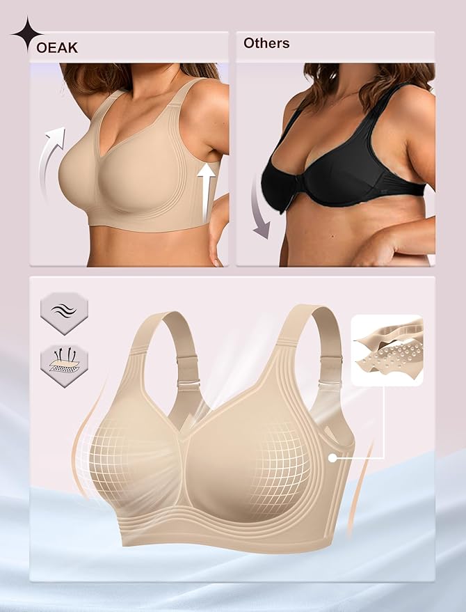 OEAK Womens Wireless Jelly Bra Plus Size Supportive Seamless Bras Full Coverage Push Up Comfortable No Underwire Tshirt Bras