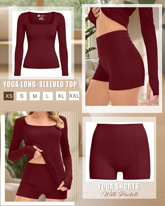 Oakgarden Women's Long Sleeve Yoga Set Square Neck Slim Fit Tops Elastic Soft Thumb Hole Shirt High Waist Shorts with Pockets
