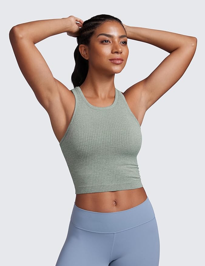 CRZ YOGA Seamless Ribbed High Neck Crop Tank Tops for Women - Longline Racerback Padded Sports Bras