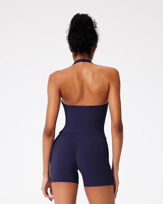 RXRXCOCO Halter Workout Sets for Women 2 Piece V Neck Tank Tops Hidden Scrunch Booty Shorts Gym Outfits with Pockets