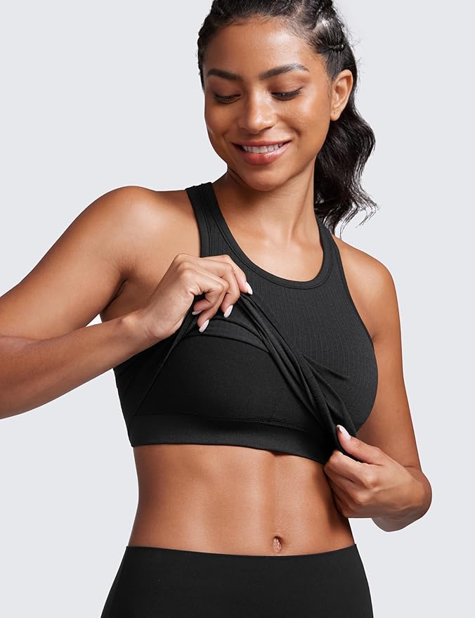 CRZ YOGA Seamless Ribbed High Neck Crop Tank Tops for Women - Longline Racerback Padded Sports Bras