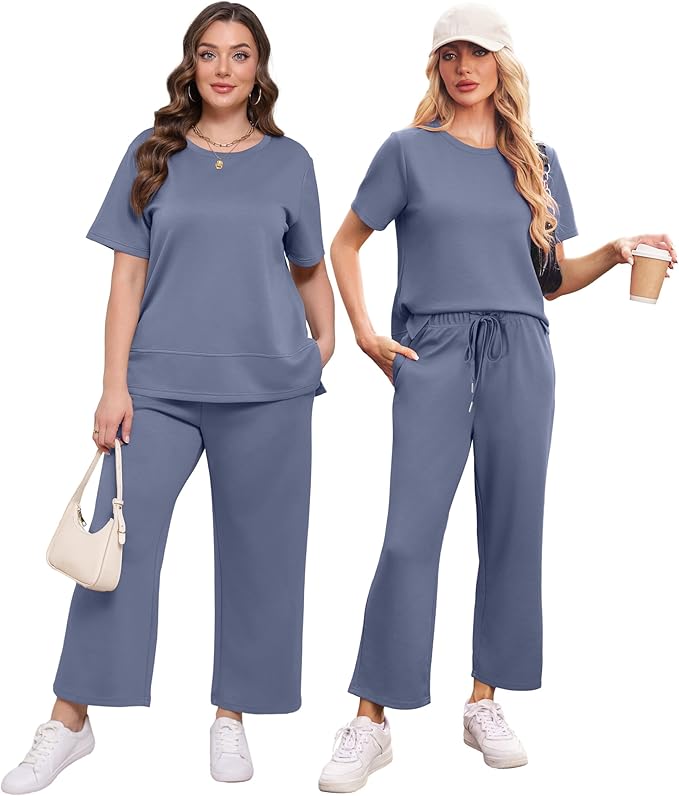 XIEERDUO Women's Side Slit Lounge Sets 2026 Fashion 2 Piece Travel Outfits Cozy Loungewear Wide Leg Tracksuits S-3XL