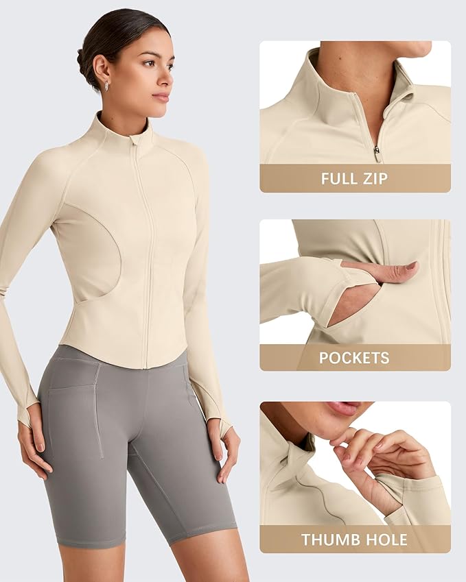 G4Free Workout Jackets for Woman BareFeel Cropped Zip Up Athletic Running Jacket Slim Fit Yoga Tops with Thumb Holes