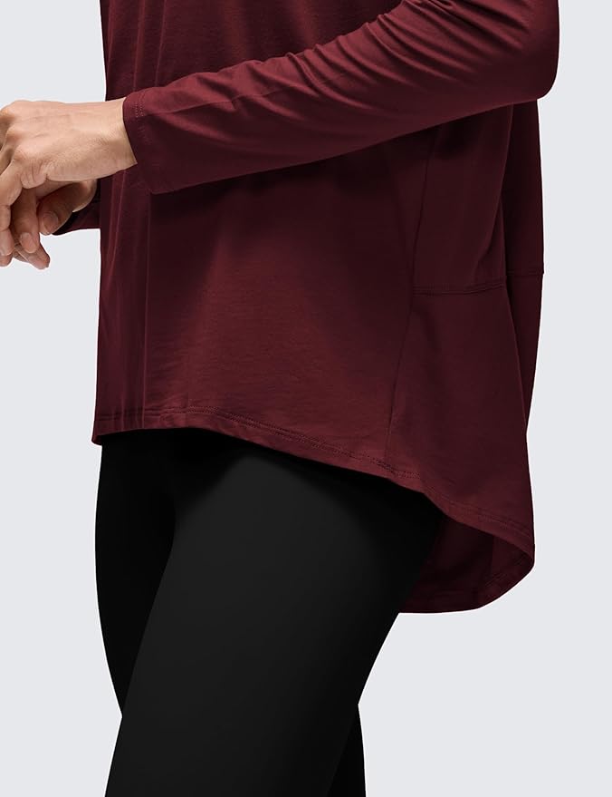 CRZ YOGA Pima Cotton Boat Neck Long Sleeve Shirts for Women - Workout Athletic Yoga Casual Tops Loose Fit Fall T-Shirts