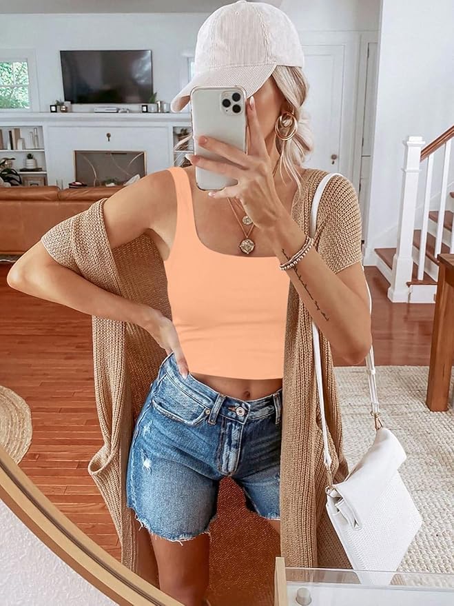 REORIA Women’s Sexy Square Neck Double Lined Seamless Sleeveless Cropped Tank Yoga Crop Basic Tops