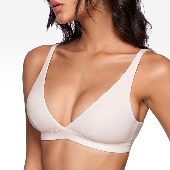 INGIA Womens Deep V-Neck Sports Bra Padded Low Impact Fitness Yoga Bra U Back Wireless Workout Bra Contour Crop Top
