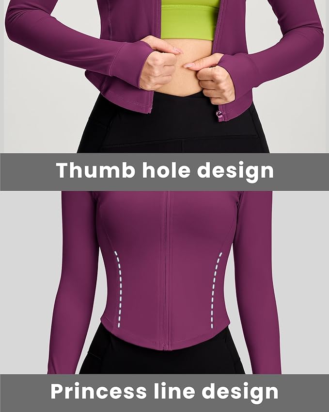 Women BBL Jacket Full Zip UP Workout Athletic Cropped Jacket wIth Thumb Holes Running Yoga Sportswear