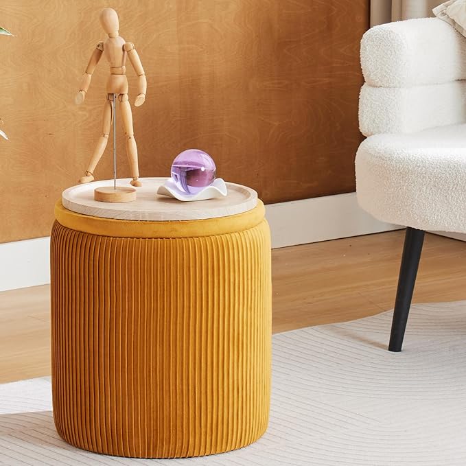 BLEXA Round Ottoman with Storage Set of 2-Upholstered Velvet Vanity Stool for Makeup Multifunctional Ottomans Coffee Table Padded Seat Foot Rest (Yellow-Upgrade Tray Lid)