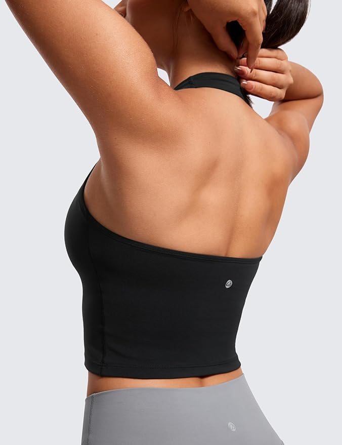 CRZ YOGA Butterluxe Halter Crop Tank Tops for Women - Open Back Padded Longline Sports Bras Workout Gym