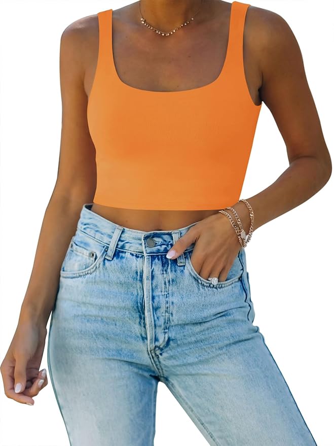 REORIA Women’s Sexy Square Neck Double Lined Seamless Sleeveless Cropped Tank Yoga Crop Basic Tops