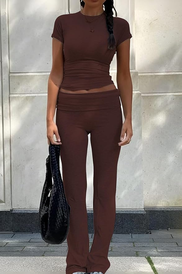 YETOWA Women's 2 Piece Lounge Outfits Slim Short Sleeve Tops Low Rise Flare Leggings Sets Yoga Sweatsuit