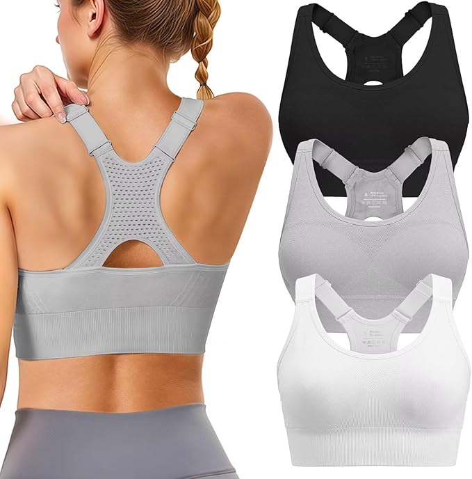 Adjustable Sports Bras for Women: 3 Pack High Support Padded Racerback Sport for Large Bust Workout Running Gym