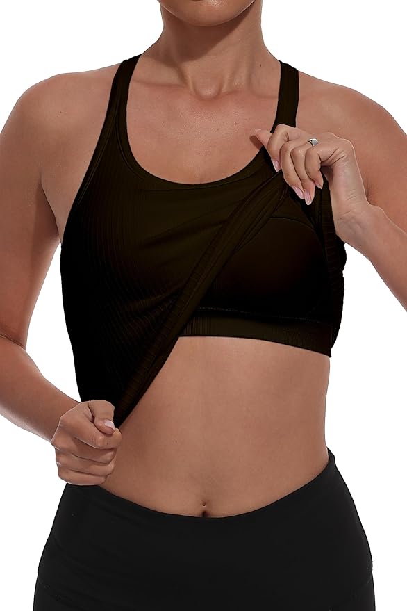 YIOIOIO Women Ribbed Workout Crop Tops with Built in Bra Seamless Yoga Racerback Tank Top Tight Fit