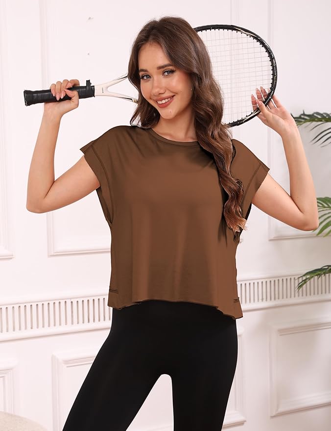 Kumufenc Women Short Sleeve Workout Shirts Open Back Tops Casual Yoga Y2k Athletic Gym Slouchy Crop Running Tees