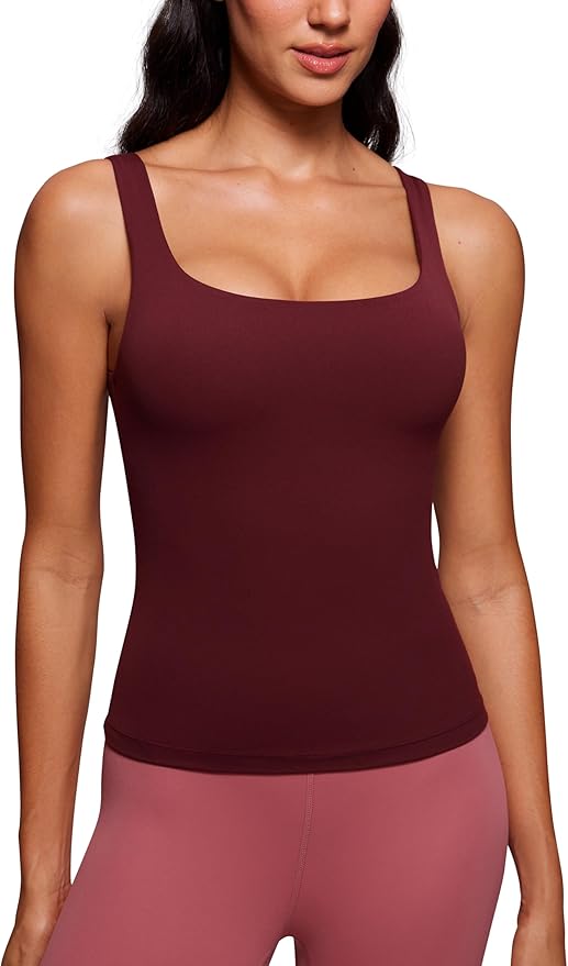 CRZ YOGA Butterluxe U Neck Tank Tops for Women - Padded Athletic Workout Camisole Crop Tops with Built in Bra