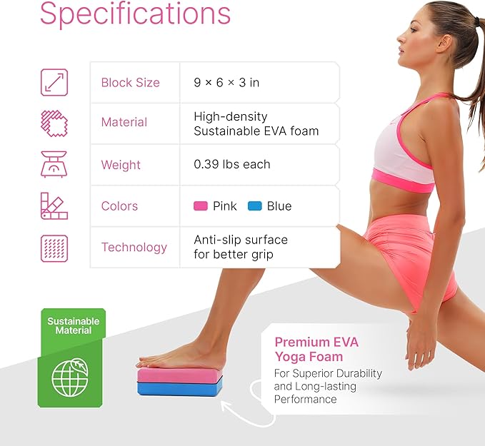 Yoga Blocks 2 Pack with Strap & Guide – Non-Slip EVA Foam Pilates Blocks for Home Workouts, Dance, Ballet, Gymnastics & Stretching Exercise | Ideal Dancer Gifts