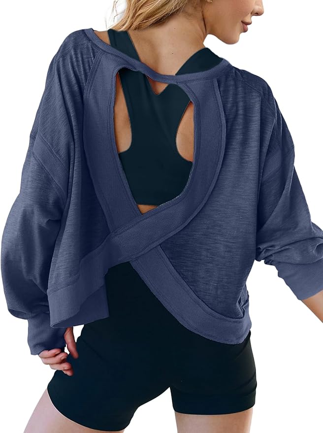 UNIANKIYA Open Back Workout Tops for Women Long Sleeve Cropped Athletic Clothes Gym Running Yoga Low Impact Sports T Shirts