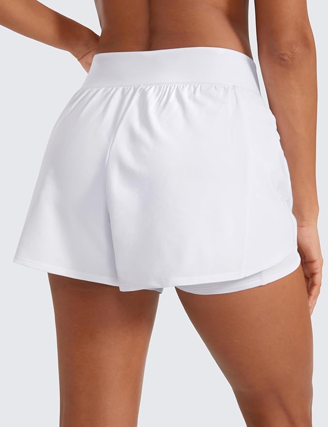 CRZ YOGA 2 in 1 Double Layer Running Shorts for Women 3" - High Waisted for Athletic Tennis Workout with Zip Pockets