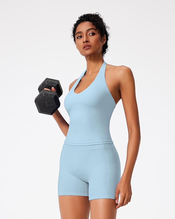 RXRXCOCO Halter Workout Sets for Women 2 Piece V Neck Tank Tops Hidden Scrunch Booty Shorts Gym Outfits with Pockets