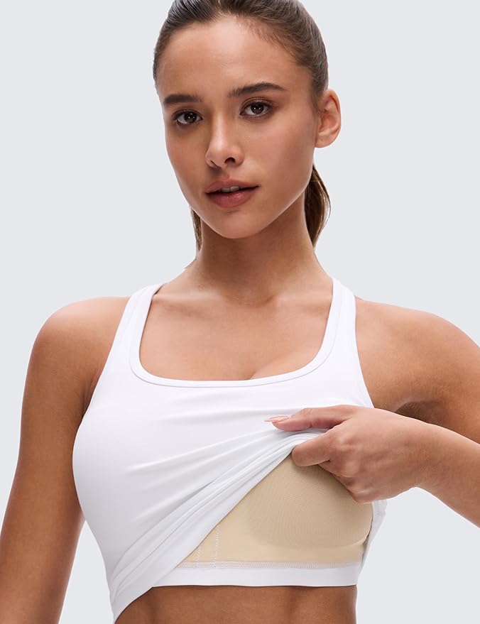 CRZ YOGA Butterluxe Racerback Crop Tank Tops for Women - Padded Y-Back Longline Sports Bras Scoop Neck Workout Yoga