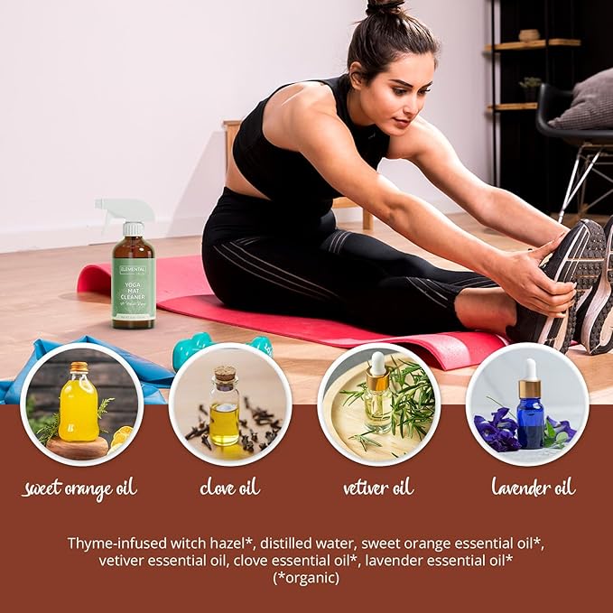 Elemental Wellness Yoga Mat Cleaner Spray – Natural Deodorizer with Essential Oils – Non-Toxic, Fresh Scent – Safe for All Mats, Gym Equipment & Accessories – 8 oz
