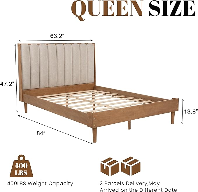 Wood Queen Size Bed Frame with Upholstered Tufted Headboard, Solid Wood Platform Bed,Mid-Century Style,No Box Spring Required, Easy Assembly,Wheat