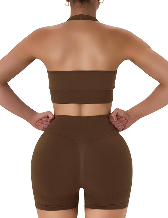 OLCHEE Workout Sets for Women 2 Piece Backless Halter Sports Bra High Waist Booty Shorts Yoga Gym Outfits Lounge Activewear