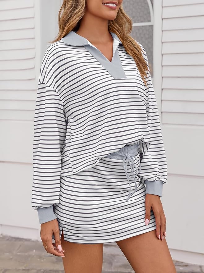 Fisoew Womens Striped 2 Piece Outfits Casual Sweatshirt Skirt Set Long Sleeve Skort Workout Set Matching Lounge Sets