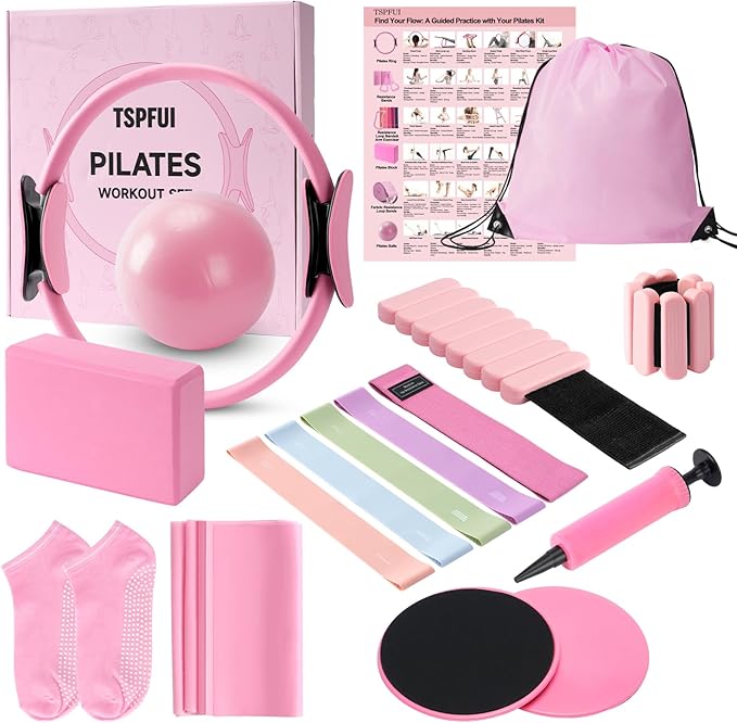 Pilates Kit, Home Pilates Workout Kit for Women, Pilates Equipment with Pilates Ring and Ball, Yoga Block & 5 Resistance Bands, Ankle Weights, Sliders & Grip Socks, Workout Guide Included