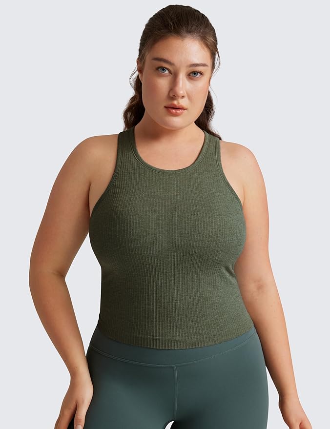 CRZ YOGA Seamless Ribbed High Neck Crop Tank Tops for Women - Longline Racerback Padded Sports Bras