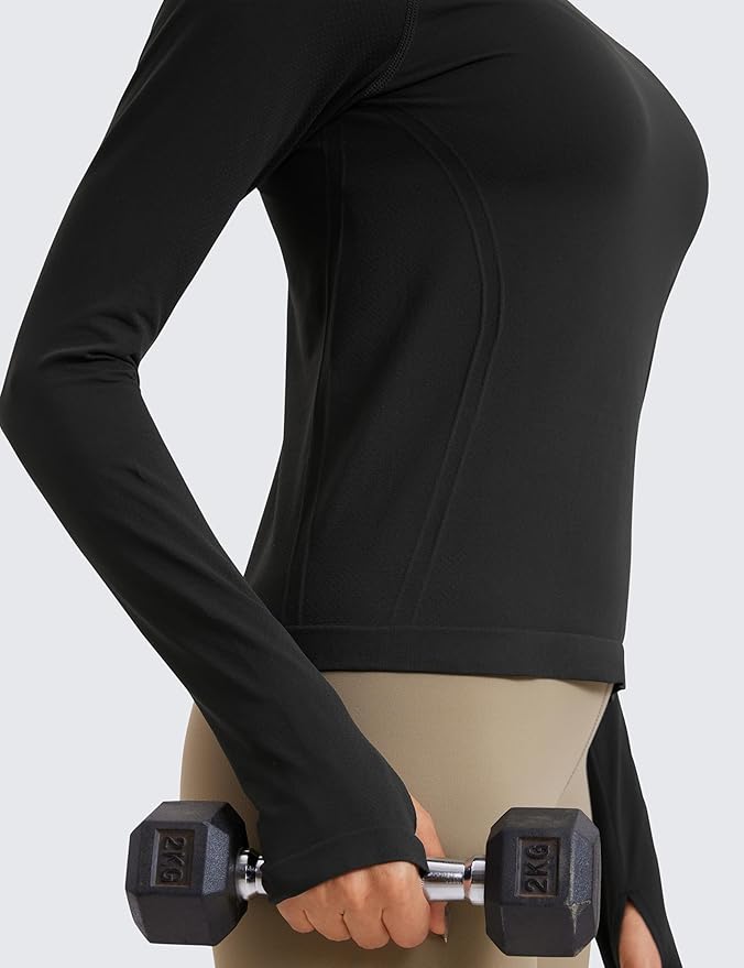 CRZ YOGA Seamless Long Sleeve Shirts for Women Waist Length - Workout Athletic Running Gym Yoga Tops Crewneck Breathable