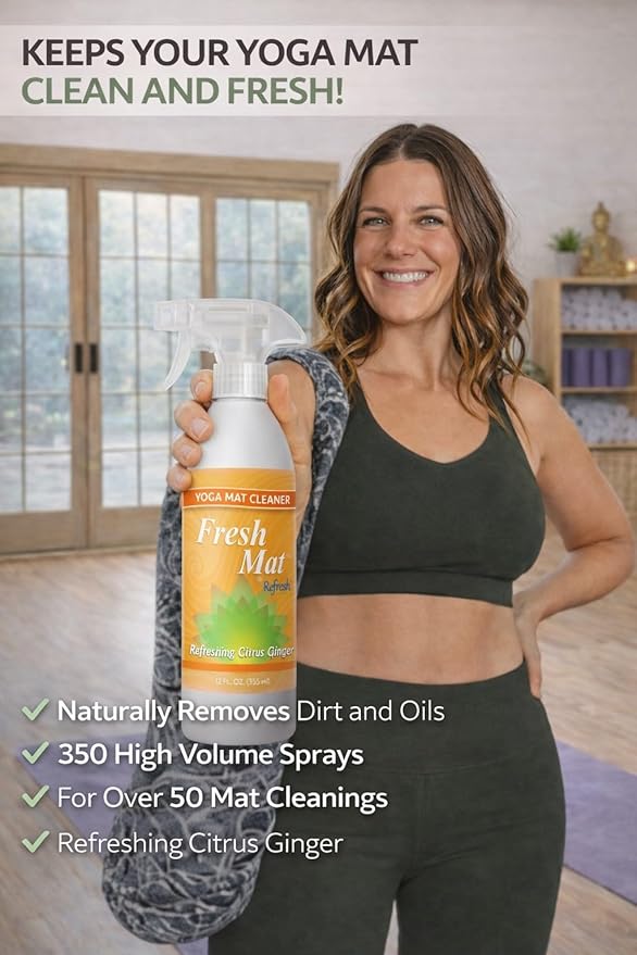 Fresh Mat Yoga Mat Cleaner Spray - Natural Deodorizing Cleaner for Yoga Mats & Fitness Equipment - No-Rinse, Residue-Free Formula with Witch Hazel & Essential Oil, Refreshing Citrus Ginger (12 fl oz).