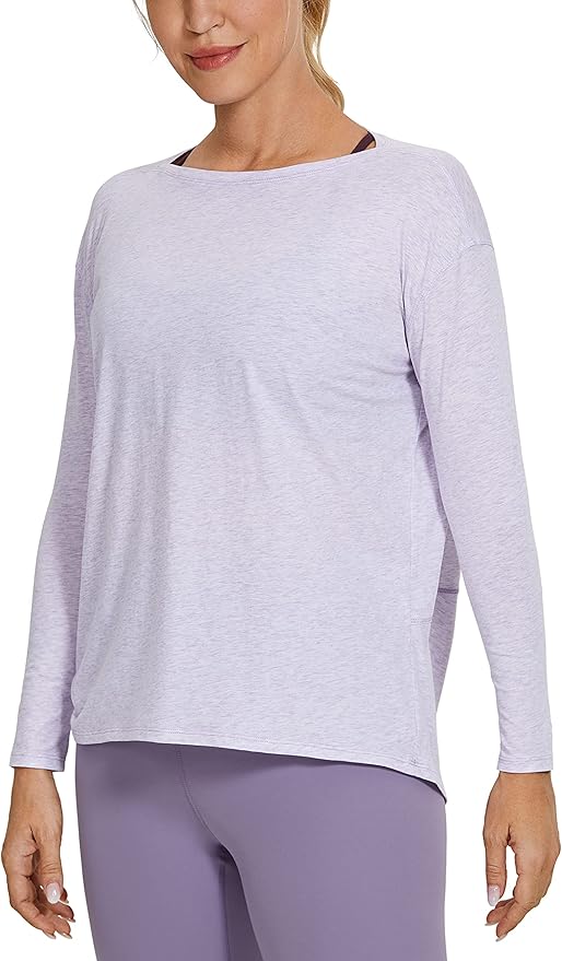 CRZ YOGA Pima Cotton Boat Neck Long Sleeve Shirts for Women - Workout Athletic Yoga Casual Tops Loose Fit Fall T-Shirts