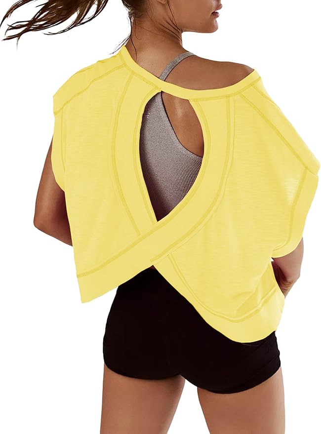 Kumufenc Women Short Sleeve Workout Shirts Open Back Tops Casual Yoga Y2k Athletic Gym Slouchy Crop Running Tees