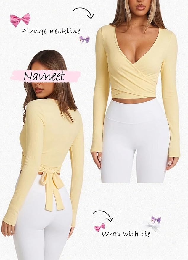 Navneet Women Long Sleeve Ballet Pilates Yoga Wrap Tie Front Tops Workout Gym Shirts Cardigan