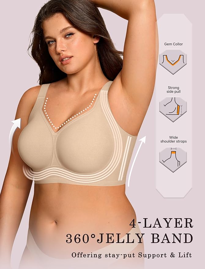OEAK Womens Wireless Jelly Bra Plus Size Supportive Seamless Bras Full Coverage Push Up Comfortable No Underwire Tshirt Bras