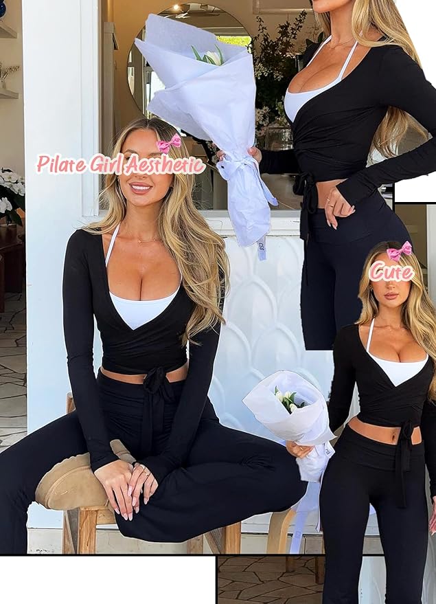 Navneet Women Long Sleeve Ballet Pilates Yoga Wrap Tie Front Tops Workout Gym Shirts Cardigan