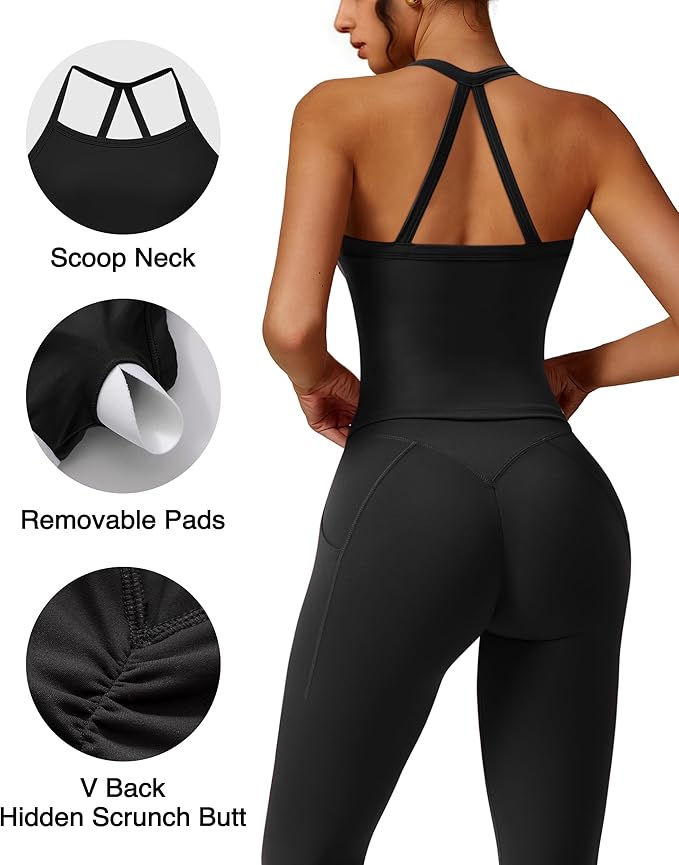 RXRXCOCO Cross Back Workout Sets for Women 2 Piece Padded Tank Tops Hidden Scrunch Leggings Gym Outfits with Pockets