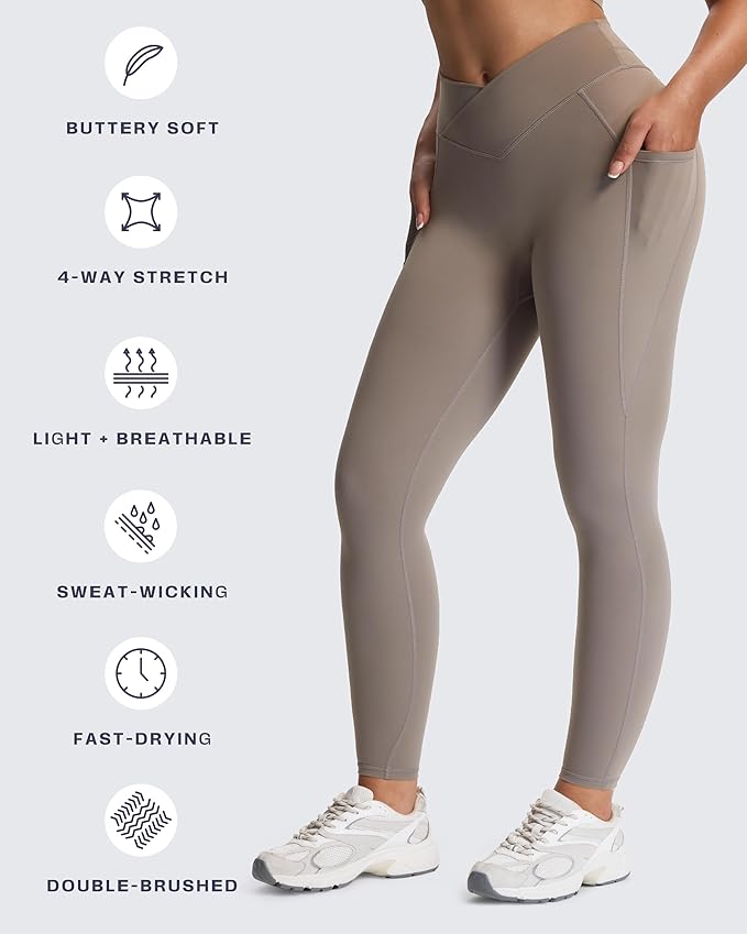 Aoxjox Women's Trinity High Waisted Yoga Pants with Pockets Cross-Waist Tummy Control Buttery Soft Workout Leggings 26"