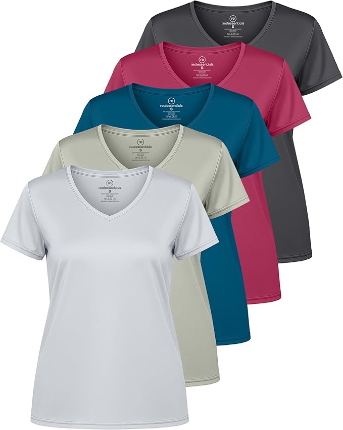 Real Essentials 5 Pack: Women's Dry-Fit Short Sleeve V Neck T Shirt Workout Fitness Yoga Top Tee (Available in Plus Size)