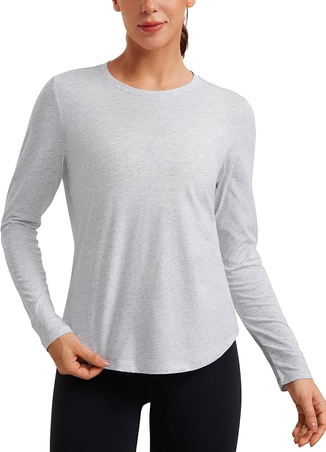 CRZ YOGA Pima Cotton Crewneck Long Sleeve Shirts for Women - Workout Athletic Yoga Casual Tops Soft Plain T-Shirt