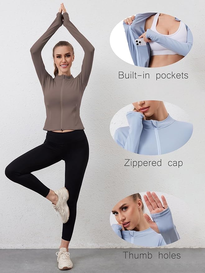 Women Built-In Pockets Athletic Jackets Slim Fit Full Zip up Workout Yoga Gym Jacket with Thumb Holes