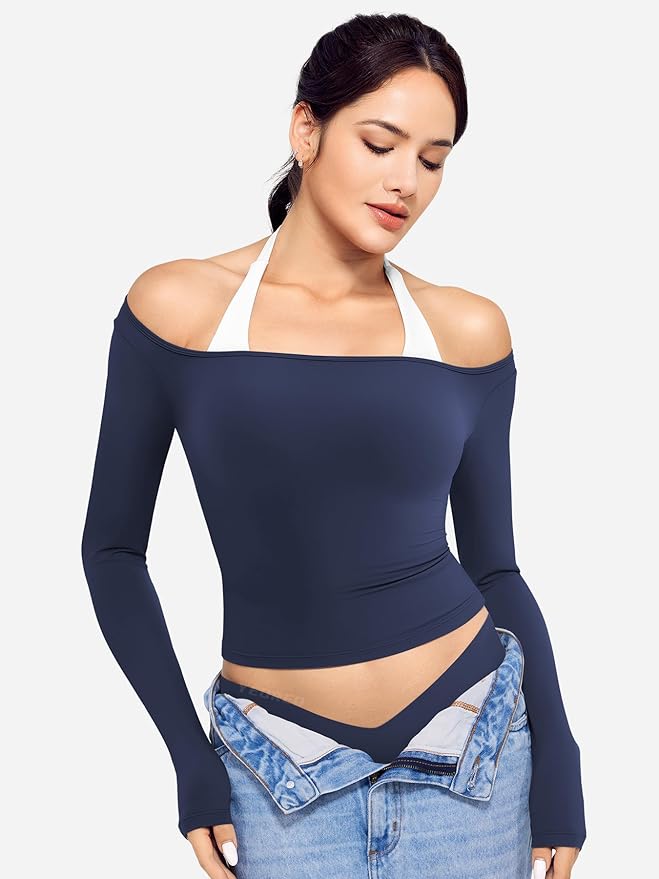 YEOREO Long Sleeve Workout Tops for Women Square Neck Slim Fitted Double Lined Compression Shirt Basic Casual Gym Yoga Tops