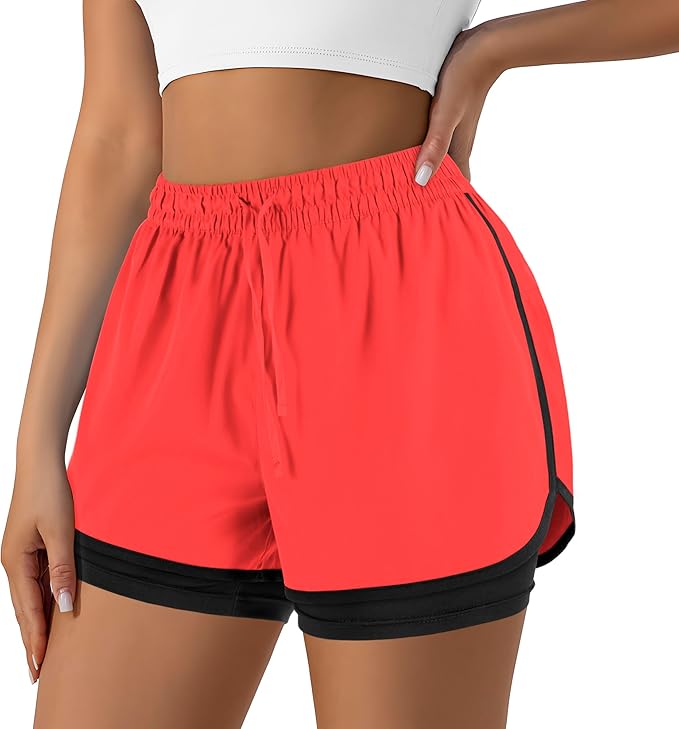 Yevrimow Women's 2 in 1 Running Shorts for Gym Yoga Workout Athletic Shorts High-Waisted Shorts with Liner Pockets