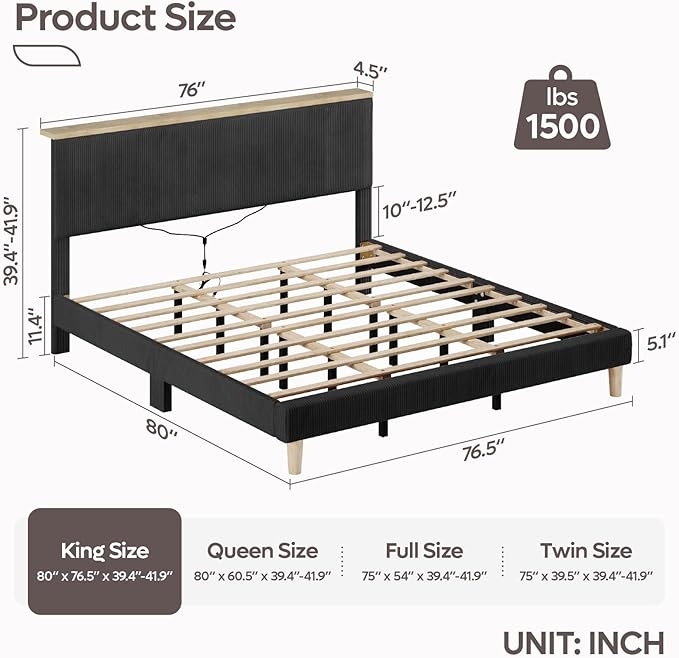 Bestier King Bed Frame with Adjustable Headboard & LED Lighting, Corduroy Upholstered Platform Bed Frame with Storage Shelf, Solid Wood Slats, No Box Spring Needed, Never Squeak, Easy Assembly, Black