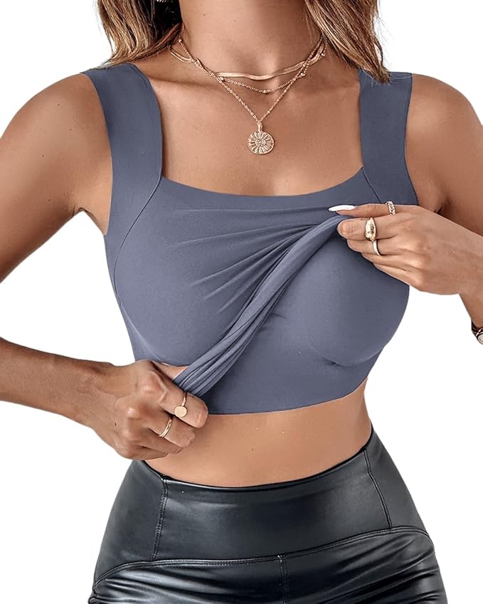 CHICME Womens U Neck Shapewear Built-in Bra Tank High Strechy Sleeveless Slim Fit Tops Camisole Workout Tops
