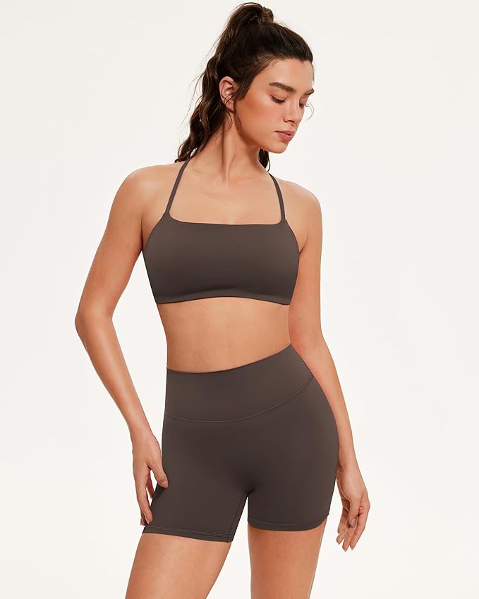 OMKAGI Workout Sets for Women Open Back Strappy Sports Bra Booty Biker Shorts Gym Outfits