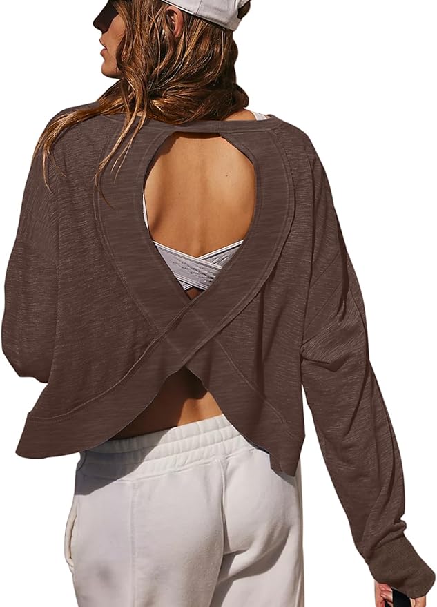 LASLULU Womens Open Back Long Sleeve Workout Tops Athletic Shirts Boat Neck Casual Running Tee Y2k Yoga Gym Tops