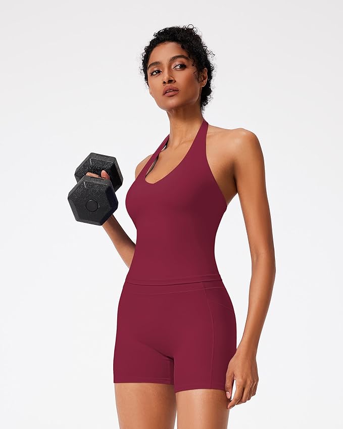RXRXCOCO Halter Workout Sets for Women 2 Piece V Neck Tank Tops Hidden Scrunch Booty Shorts Gym Outfits with Pockets